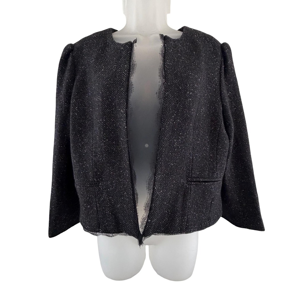 Ann Taylor LOFT Jacket Womens 14 Black Wool Blend Tweed Lace Raw Blazer Career‎